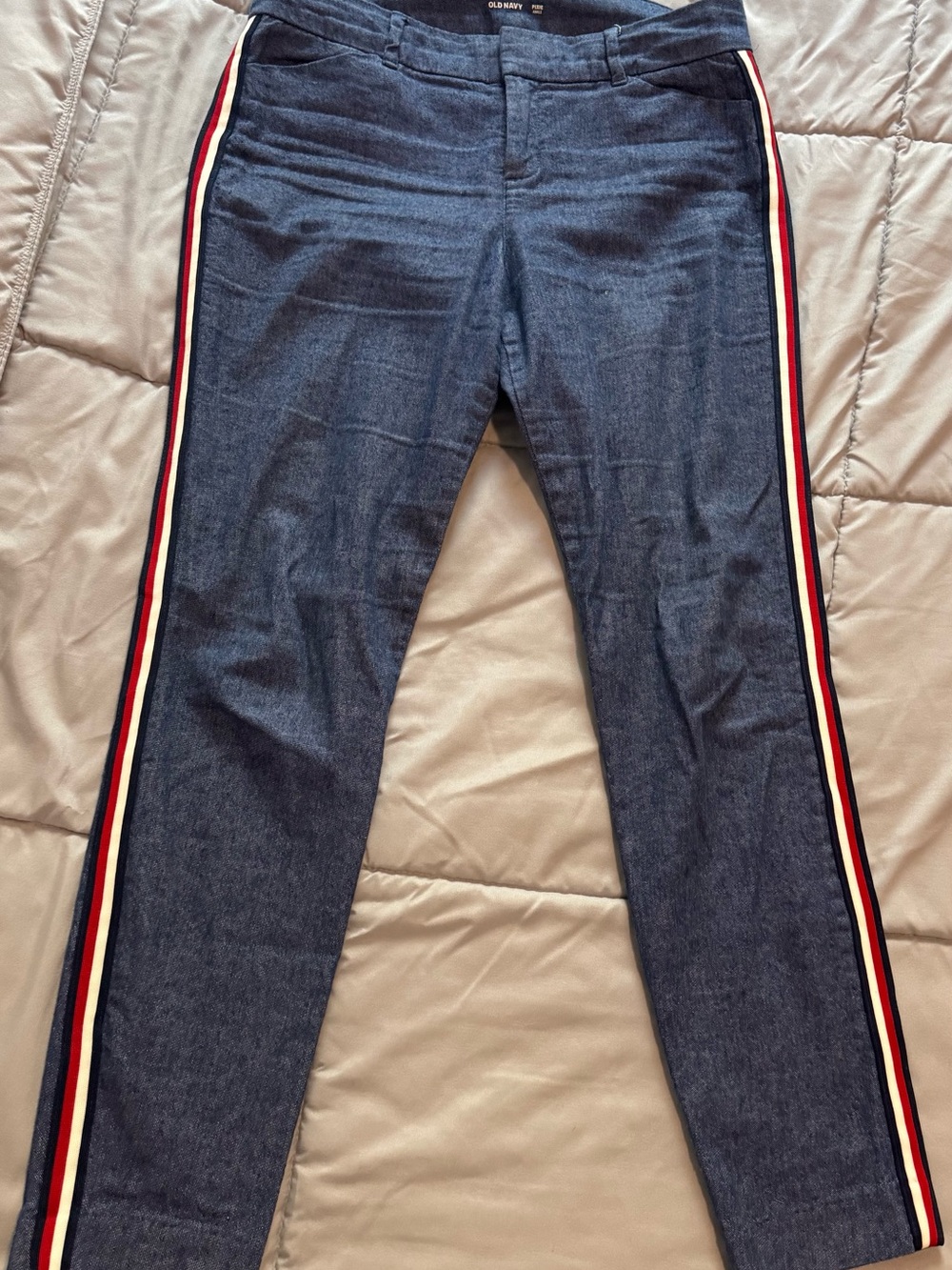 Old Navy Blue dress pants with Red and White Side Stripes